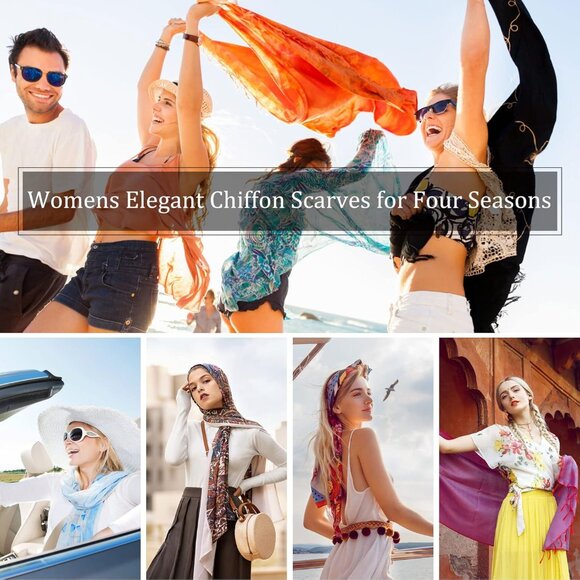 Women's Blue Fashion Lightweight Head Scarf Floral Print Chiffon Scarves - Picture 6 of 7